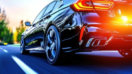 Poster - Dark sports car speeding on highway at sunset