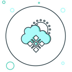 Poster - Line Cloud with snow and sun icon isolated on white background. Cloud with snowflakes. Single weather icon. Snowing sign. Colorful outline concept. Vector