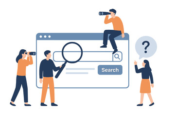 Poster - People searching for information online using binoculars and a magnifying glass in a flat vector illustration