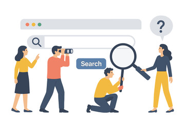 Poster - People engaged in online search activities, illustrating modern information retrieval methods and digital communication