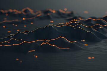 Fototapete - Abstract Dark Mountain Range with Glowing Lines Digital Art, 3D Render, Abstract Landscape, Technology Background, Futuristic Terrain