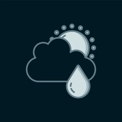 Poster - Line Cloud with rain and sun icon isolated on black background. Rain cloud precipitation with rain drops. Flat filled outline style with shadow. Vector