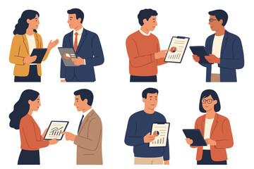 Poster - Business professionals engaging in discussions and presentations in a modern office setting