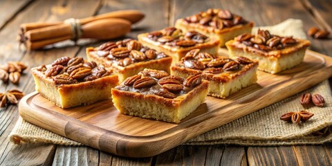 Poster - Golden Brown Pecan Bars on a Wooden Board with Rustic Burlap Placemat and Star Anise