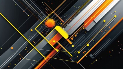Poster - Abstract geometric artwork with orange, yellow, and grey shapes on a black background