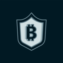 Poster - Line Shield with bitcoin icon isolated on black background. Cryptocurrency mining, blockchain technology, security, protect, digital money. Flat filled outline style with shadow. Vector