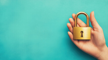 Poster - Golden padlock held in hand against turquoise background symbolizing security and protection.