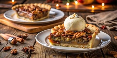 Poster - A slice of pecan pie topped with a scoop of vanilla ice cream, resting on a white plate with a wooden backdrop and scattered cinnamon sticks, star anise, and pecan halves.