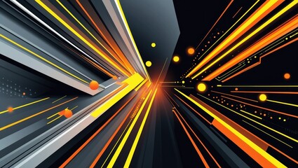 Poster - Abstract digital art featuring vibrant yellow, orange, and grey stripes converging into a tunnel-like perspective, interspersed with glowing orbs
