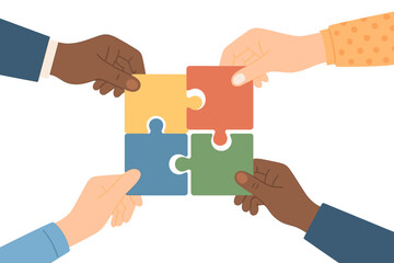 Poster - Collaboration among diverse hands solving a puzzle in a flat vector illustration