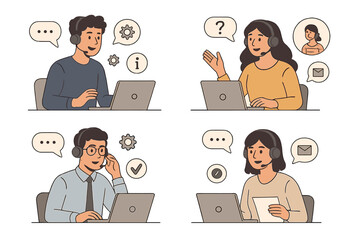 Poster - Support agents assisting customers through various communication methods in a flat vector illustration