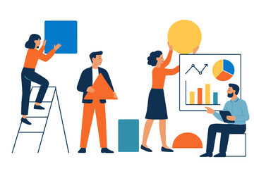 Poster - Team members collaborate on data presentation using colorful shapes and graphs in a modern office workspace