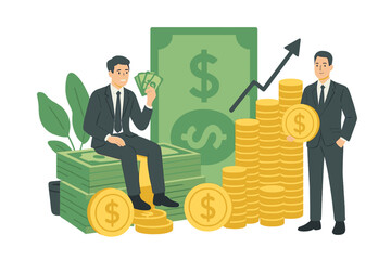 Poster - Businessmen celebrating financial success with money and investments in a flat vector illustration