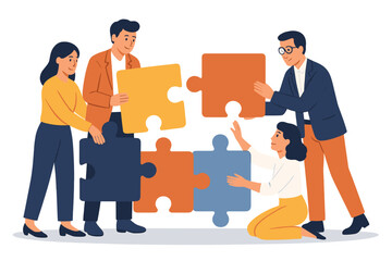 Poster - Team members collaborating on a colorful puzzle during a brainstorming session in a modern office environment