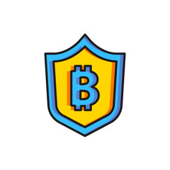 Poster - Color Shield with bitcoin icon isolated on white background. Cryptocurrency mining, blockchain technology, security, protect, digital money. Flat filled outline style with shadow. Vector
