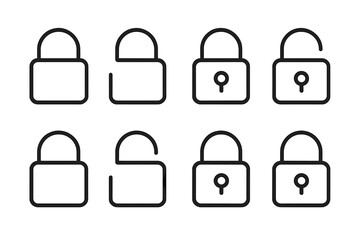 Poster - Flat vector illustration depicting various padlock icons in different states of security and accessibility on a minimalist background