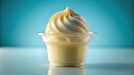 Poster - A single serving of creamy frozen yogurt in a clear plastic cup, with a swirl of soft-serve on top, resting on a reflective surface.