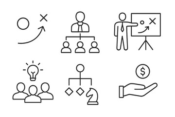 Poster - Flat vector illustration of business strategy concepts featured in a structured layout with symbols representing decision making and teamwork