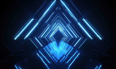 Poster - futuristic neon blue tunnel with glowing triangular patterns and reflective floor.