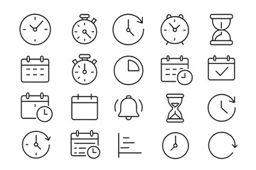 Poster - Collection of flat vector illustrations depicting various time-related concepts and devices including clocks, timers, and calendars