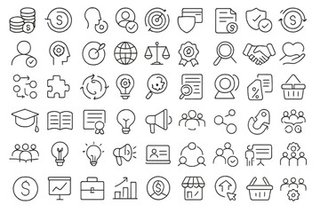 Poster - Flat vector illustration depicting various business and financial concepts with icons representing growth, partnership, and education