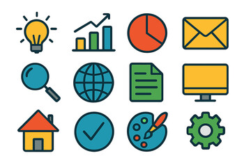 Poster - Colorful flat vector illustration of various icons representing business and technology concepts