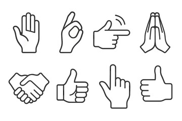 Poster - Variety of hand gestures representing communication, greetings, and cooperation in a flat vector illustration