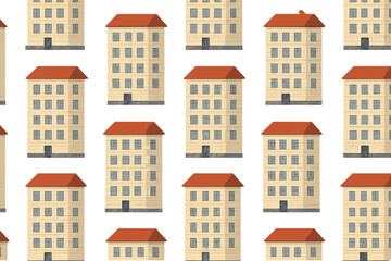 Poster - Flat vector illustration of multiple building facades with red roofs on a white background showcasing urban architecture