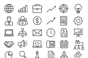 Aufkleber - Business icons representing networking, finance, and project management in a flat vector style illustration