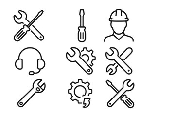Poster - Vector illustration depicting various tools, a worker, and maintenance activities in a minimalistic design style