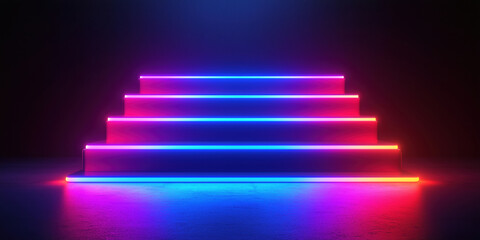 Poster - Neon illuminated stairs with vibrant blue and pink lights in dark setting.