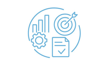 Poster - Vector illustration depicting business analytics with charts, target, gear, and document symbols on a white background