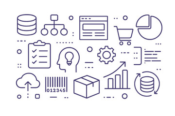 Aufkleber - Flat vector illustration showcasing data analytics and management concepts with various icons and symbols in a modern style