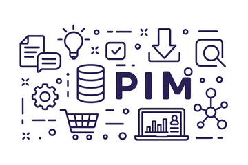Poster - flat vector illustration showcasing product information management concepts with various symbols and