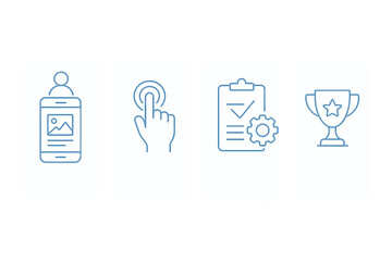 Poster - Flat vector illustration depicting a mobile device, touch interaction, a checklist, and a trophy representing achievement in a digital environment
