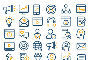 Poster - Vector illustration showing icons related to digital marketing and communication in a modern business environment