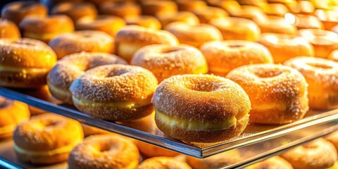Poster - A Showcase Filled With Freshly Baked Doughnuts Covered in Powdered Sugar and Filled With Custard Cream