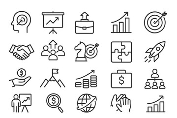 Poster - flat vector illustration depicting various business concepts including strategy, teamwork, and growt