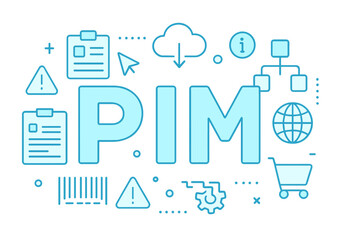 Poster - Flat vector illustration depicting PIM concepts with icons related to data management and e-commerce interactions