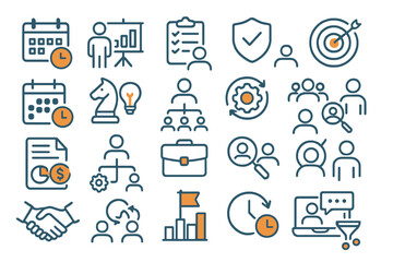 Poster - Vector illustration of business concepts with icons depicting planning, strategy, and teamwork in a modern setting