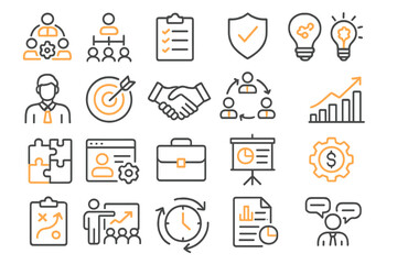 Poster - Business and teamwork vector icons showcasing collaboration, strategy, and success in a modern workplace setting