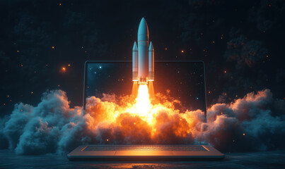 Poster - rocket launching from laptop screen with explosive flames and smoke effects.