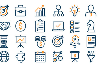 Poster - Business success elements illustrated in flat vector style featuring various icons related to finance and strategy