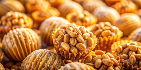 Poster - A close-up view of a variety of sweet treats, featuring caramel, peanuts, and a delicate dusting of powdered sugar, creating a symphony of textures and flavors.
