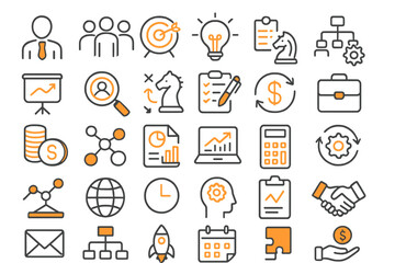 Poster - Business concepts and strategies illustrated in flat vector design showcasing teamwork, finance, and project planning elements