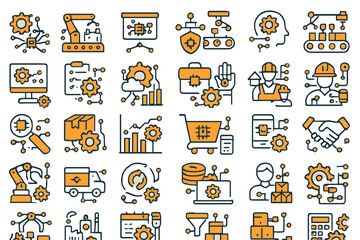 Poster - Flat vector illustration showing various icons related to industrial automation and technology in a collaborative workspace setting