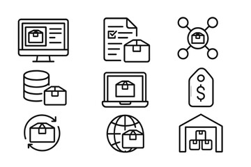 Poster - Flat vector illustration depicting package management, including digital storage, tracking, and inventory systems for efficient logistics