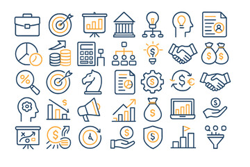 Poster - A collection of flat vector icons depicting business and finance themes, including charts, money bags, lightbulbs, and team collaboration elements