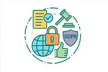 Poster - Vector illustration highlighting GDPR compliance with symbols of data protection, law, and global connectivity