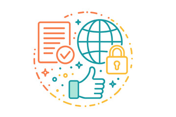 Poster - Vector illustration of online security with a globe, checklist, padlock, and thumbs up symbolizing digital trust and safety